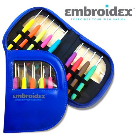Embroidex 9 Pc Ergonomic Crochet Hooks Needles - Color Coded - Non Slip Cushioned Handles In Beautiful Case