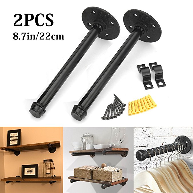 KINGSO 2PCS 8.7'' Industrial Black Iron Pipe Shelf Brackets, Steampunk Decor Floating Shelves Hardware, Retro Wall Mounted shelving brackets, with screws.