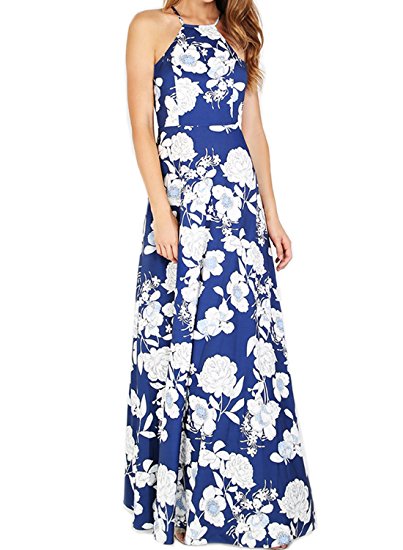 Alinsan Women's Sleeveless Halter Neck Floral Print Maxi Dress