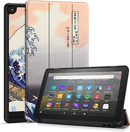 TNP Case Cover for Amazon Kindle Fire 7 Tablet 9th & 7th Generation, Smart Slim PU Leather Protective Sleeve with Auto Sleep/Wake, Flip Stand f/ 7-Inch Display 2019 2017 Release Gen (Great Wave)