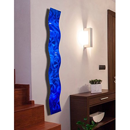 Blue 3D Abstract Metal Wall Art Sculpture Wave - Modern Home Décor by Jon Allen - 46.5" x 6"