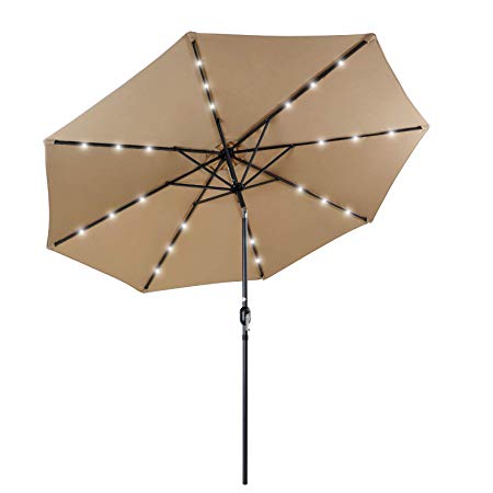 PHI VILLA 10 FT Patio Umbrella with Solar Lights Push Button Tilt Adjustment and Crank System, Tan (Base Not Included)