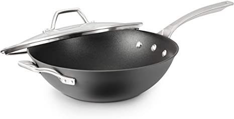 Calphalon 1948257 Signature Hard Anodized Nonstick Covered Flat Bottom Wok, 12", Black