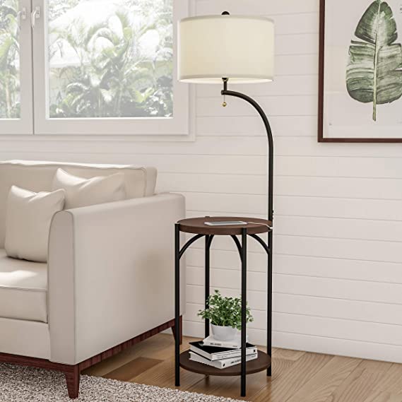 Lavish Home A1000B2 Floor Lamp End Modern Rustic Side Table with Drum Shaped Shade, LED Light Bulb Included, USB Charging Port and Storage Shelf, 16"x16"x58", Dark Brown, Black and Off-White