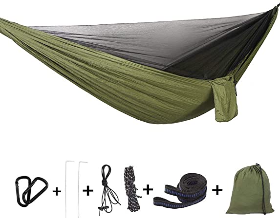 Bwiv Outdoor Hammock With Mosquito Net Ultralight and Portable Supports Up To 440LBS Double Parachute Camping Hammocks With Tree Straps For Hiking Backpacking Travel Beach Yard 114''x 55''