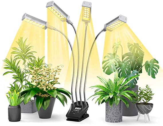 VOGEK LED Plant Grow Light, Growing Lamp Full Spectrum for Indoor Plants with display screen Timer, Four Head Growing Light for Seedlings with Adjustable Gooseneck, 4 Switch Modes