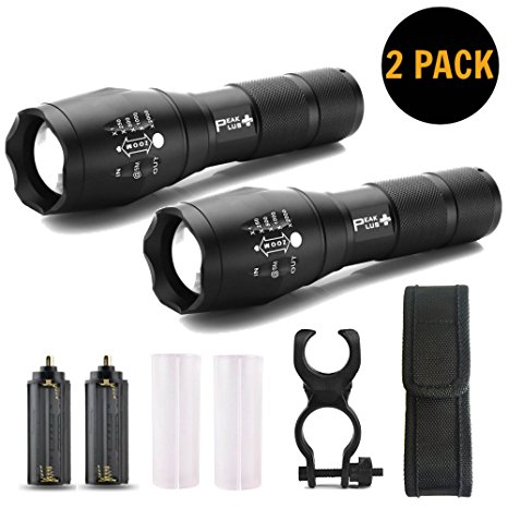 PeakPlus LED Tactical Flashlight [2 Pack] - Super Bright, High Lumen Power, Zoomable, 5 Modes, Water Resistant Torch Flashlights with Bike Mount, Belt Holster - Best For Camping, Security, Home