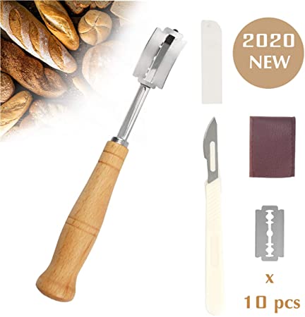 Bread Lame, Dough Scoring Knife Tool with 10 Replaceable Razor Blades and Leather Protective Cover，Gift for Artisan Bread and Baguette Makers.