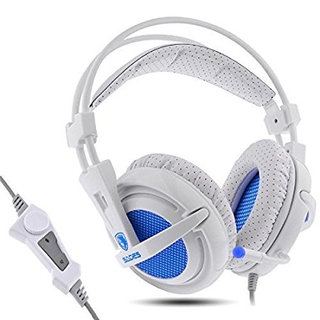 SADES New A6S USB 7.1 Virtual Surround Stereo Sound Gaming Headset Headband Headphone with HD Microphone/Noise-reduction/Breathing Led Light/Volume-control for PC Computers (White)