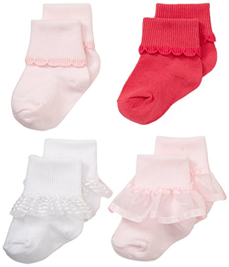 Nuby Baby Girl 4-Pack Ruffle Turn Cuff Socks, 6-12 Months, Pink