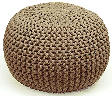 K LIVING 100% Cotton Knitted Pouffe in Latte Footstool Filled with Beans, Tough and Hard Wearing