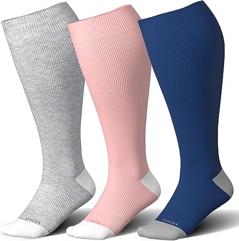 LEVSOX Wide Calf Bamboo Compression Socks for Women&Men Plus Size 15-20mmHg Knee High Support Sock for Circulation