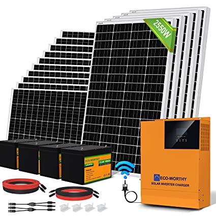 ECO-WORTHY 10kWh/Day Complete Solar Power System 2550W Off Grid Kit for Home/Shed: 15pcs 170W Solar Panels 5000W Hybrid Solar Charge Inverter 4pcs 100Ah LiFePO4 Batteries Extension Cables