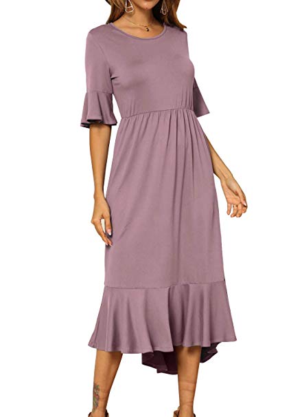 levaca Women's Plain Casual High Low Hem Flowy Midi Dress