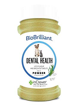 In Clover BioBrilliant Dental Powder for Dogs and Cats Blend of natural antibacterials, enzymes, saliva promoters and breath freshener. Prevent Bacteria and plaque build-up and gum-line irritation. 85