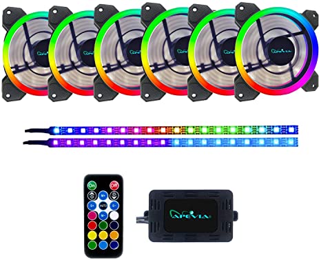 Apevia ST6P2-RGB Spectra 120mm Silent Dual Ring Addressable RGB Color Changing LED Fan with Remote Control, 16x LEDs & 8X Anti-Vibration Rubber Pads w/ 2 Magnetic Addressable LED Strips (6 2-pk)