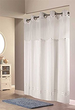 Hookless Escape Shower Curtain, With Snap in Liner, White With White Stripe, 71 in. X 74 in.