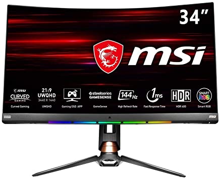 MSI Optix MPG341CQR Curved Gaming Monitor 34 Inch, UWQHD, VA, 144 Hz, 1 ms, 3440 x 1440, 1440p, 1800R, RGB Mystic Light, DisplayPort, 2x HDMI, Type-C, AMD FreeSync