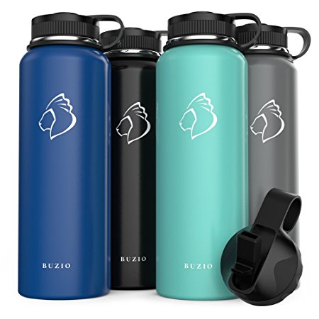 Stainless Steel Water Bottle (Cold for 48 Hrs, Hot for 24 Hrs), Buzio 40 oz Vacuum Insulated Water Bottle with Straw Lid and Flex Cap (Double Wall, Wide Mouth, BPA Free, Leak Proof, Sweat Free)