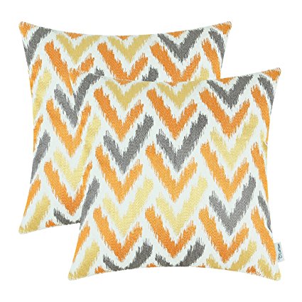 CaliTime Throw Pillow Covers 18 X 18 Inches,Vintage Ikat Zigzag Chevron Embroidered, Pack of 2