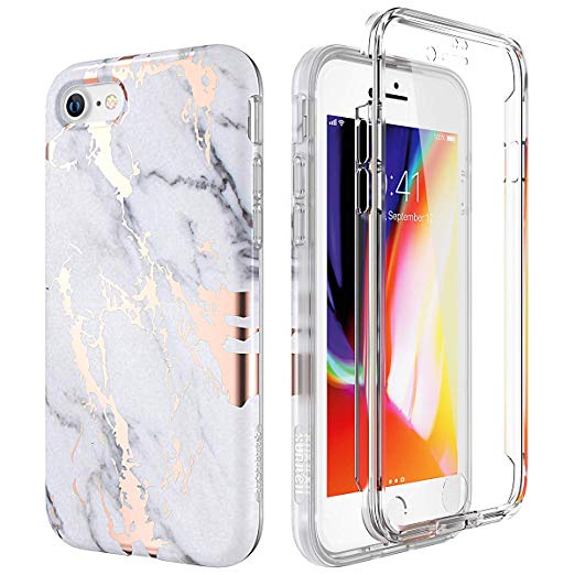 SURITCH Marble iPhone 8 Case/iPhone 7 Case, [Built-in Screen Protector] Full-Body Protection Hard PC Bumper   Glossy Soft TPU Rubber Gel Shockproof Cover Compatible with Apple 7/8- White/Gold
