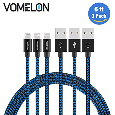 Lightning Cable, 3Pack 6FT Tangle-Free Nylon Braided Cord Lightning to USB Charging Cables Compatible with iPhone 7/7 Plus/6S/6 Plus, SE/5S/5, iPad, iPod Nano 7-[Blue Black]