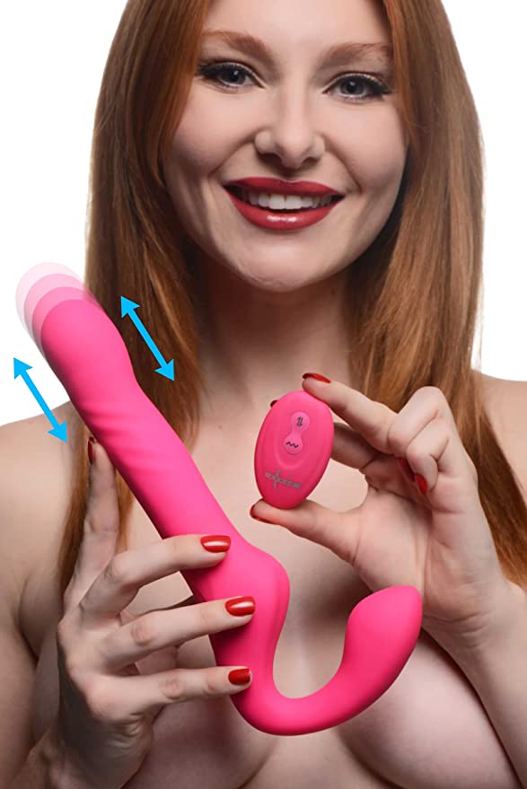 Strap U 10X Thrusting & Vibrating Silicone Strapless Strap-On with Remote, 10 Shaft & Bulb Vibrating Modes   3 Thrusting Speeds - Pink