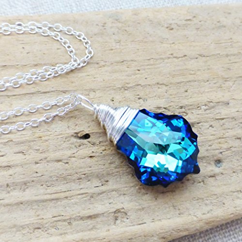 Swarovski Crystal Necklace, Bermuda Blue Crystal Pendant, Beach Ocean Jewelry, Sterling Silver