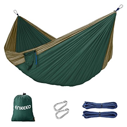 Enkeeo Portable Double Hammock for Camping Backpacking Hiking, Parachute Nylon Fabric, 2 Tree Straps with Carabiners, A Carrying Case, 440 lbs. Capacity, 102’’ x 51’’ (Army Green and Olive)