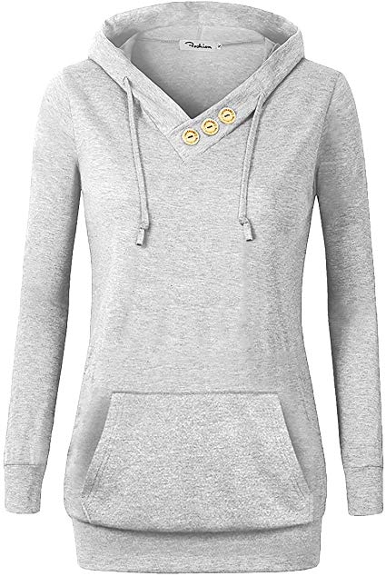 VOIANLIMO Women's Sweatshirts Long Sleeve Button V-Neck Pockets Pullover Hoodies