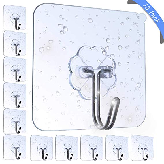 NEXCURIO Adhesive Hooks Heavy Duty 15lb(Max) Transparent Traceless Seamless Wall Hooks Waterproof for Kitchen Bathroom Office (12 Packs)