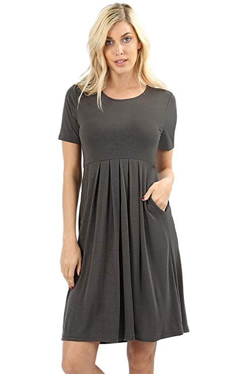 Women's Pleated Swing Dress Short Sleeve Casual T Shirt Loose Dress with Pockets