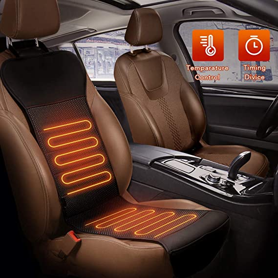 Tsumbay Universal Heated Seat Cushion Refined Leather Car Heated Cushion 12V/24V Safety Car Seat Cover with Intelligent Time Temperature Controller, Adjustable Heat Levels for Car seat Warmer-Black