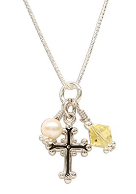 Girl's Sterling Silver Communion Swarovski-Created Birthstone Cross Necklace with Cultured Pearl