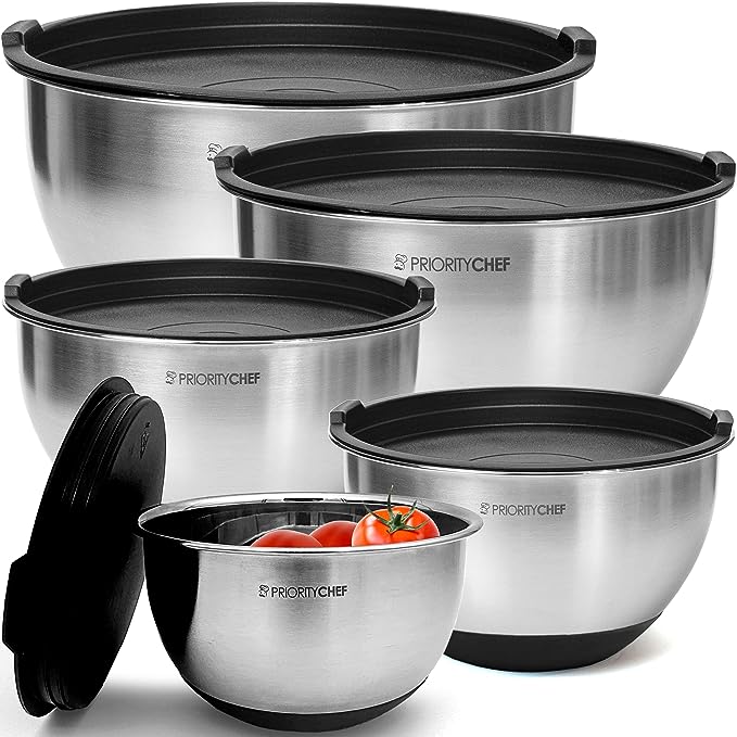 PriorityChef Premium Mixing Bowls with Lids, Inner Measurement Marks and Thicker Stainless Steel 5 Pc Bowl Set, Sizes 1.5/2/3/4/5 Qt