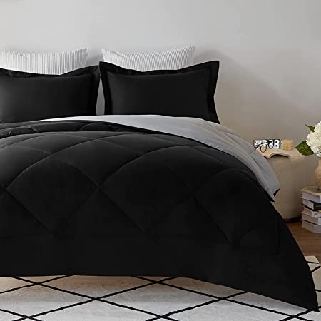 CozyLux King Reversible Comforter Set 3-Piece Premium 1800 Series Lightweight Bed Set - Soft Goose Down Alternative Duvet Insert for All Season (1 Comforter 2 Pillow Shams, Black/Light Gray)