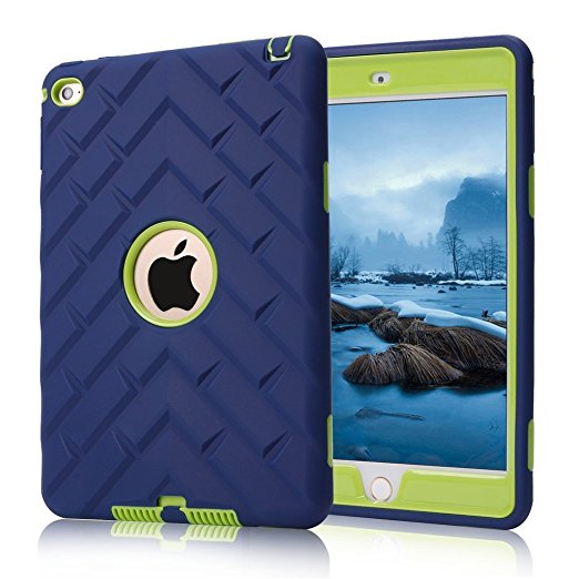 HOcase iPad mini 4 Case - Dual Layer Rugged Shockproof Protective Case with Tough Tire Design for iPad mini 4 (Navy Blue Fluorescent Green)