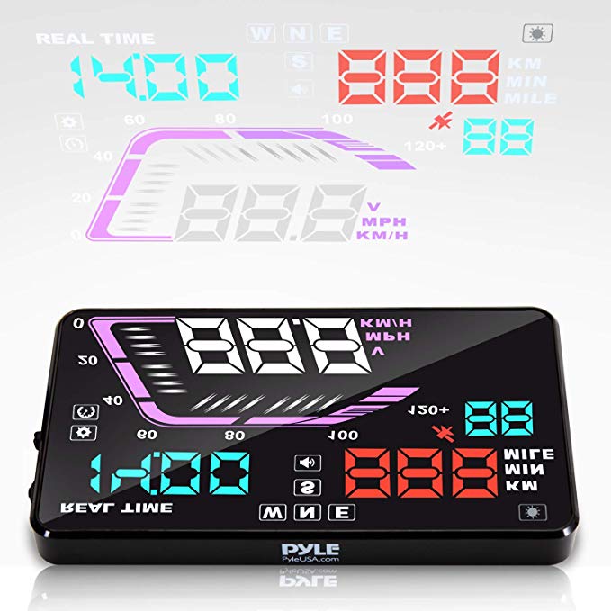 Heads Up Display HUD Screen - Universal 5.5’’ Car Head-Up Windshield Display w/Multi-Color Screen Projector Vehicle Speed, GPS Navigation Compass, Plug Play w/Speed, Time, Altitude, Etc - Pyle