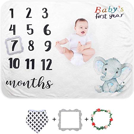 Baby Monthly Milestone Blanket,Sunvito Extra Soft Newborn Photography Backdrop Blanket,Baby Photo Blanket,Newborn Baby Shower Gift for Girl and Boy (Elephant)