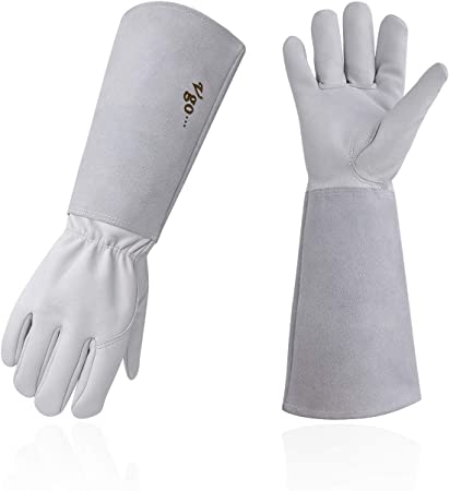 Vgo 1 Pair Premium Goatskin Leather Welding Gloves, Heat Resistant Gloves, Mitts for Tig Welder, Mig, Pot Holder, Fireplace, Grill, Stove, Oven, BBQ Gloves (16 Inches, White, GA6512)