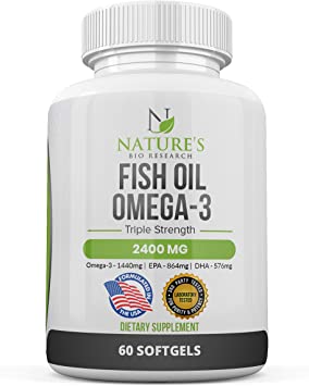 Fish Oil 2400mg – Omega 3 Supplement High in DHA & EPA – Triple Strength Fatty Acid Brain Support - Burpless – from 100% Sea Harvested Pelagic Fish – Non-GMO - 60 Softgels