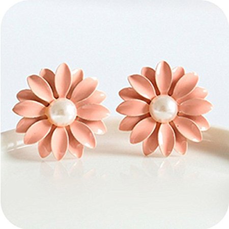 Lovely Cute Pink Daisy Flower with Pearl Stud Earrings