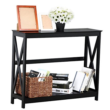 Yaheetech 2 Tier X-Design Occasional Console Sofa Side Table Bookshelf Entryway Accent Tables w/Storage Shelf Living Room Entry Hall Table Furniture (Black)