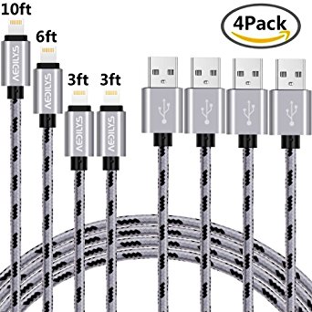 Lightning Cable, AEDILYS 4Pack [3FT 3FT 6FT 10FT] Nylon USB Charging & Syncing Cord Charger for iPhone SE,6s,6Plus,6,7,7plus, iPad Mini,Mini 2,iPad 5,iPod 7 (Gray,4Pack)