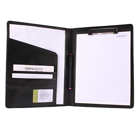 Padfolio Portfolio Folder with Pen - Geila PU Leather Resume Portfolio - Interview/Legal Document Organizer & Business Card Holder for Business School Office Conference - 8.5 x11In Writing Pad, Black