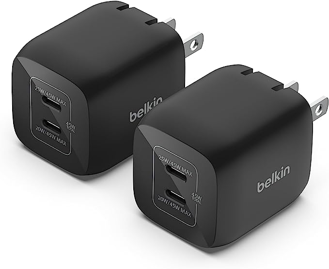 Belkin 45W Dual USB-C Wall Charger, Fast Charging Power Delivery 3.0 w/GaN Technology, iPhone 14, 13, Pro, Pro Max, Mini, iPad Pro 12.9, MacBook, Galaxy S23, S23 , Ultra, Tablet - Black (2-Pack)