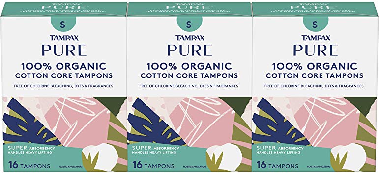 Tampax Pure Organic Tampons, Cotton & Chlroine-Free, Super Absorbency, Unscented, 16 Count - Pack of 3 (48 Count Total)