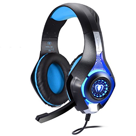 Koiiko® PS4 Gaming Headset 3.5mm Plug Bass Earphones Stereo Over-Ear Headphones with Mic LED Light Volume Control Compatible for PC Laptop PS4 Xbox One Mac Laptop Tablet Phones(Black   Blue)