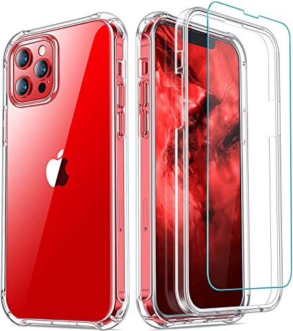 CANSHN Clear Shockproof Compatible with iPhone 13 Pro Case, [2 x Tempered Glass Screen Protector] [360 Full Body Protection] Heavy Duty Protection Phone Case Cover 6.1 inch 2021, Clear