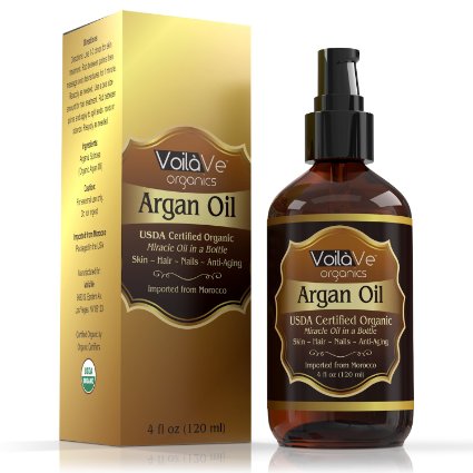 Virgin Organic Argan Oil for Hair and Face - 4 fl oz - Cold-Pressed 100 Pure Moroccan Argan Oil - USDA Certified Organic - Miracle Beauty Oil for Skin Hair and Nails - Convenient Pump Bottle